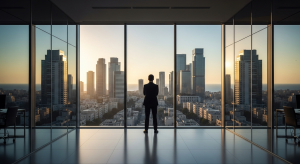 Commercial litigation lawyer in Israel — panoramic view of Tel Aviv skyline from modern law office at sunset.