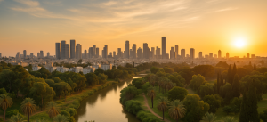 Sunset view of Tel Aviv skyline from Park HaYarkon, Israel — ideal for real estate transactions with a real estate lawyer in Israel.
