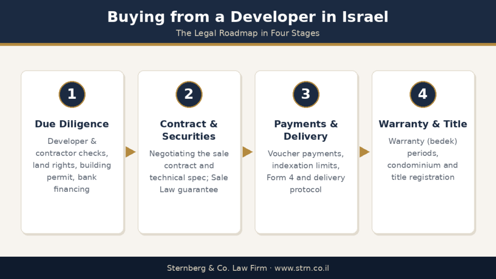 Buying property from a developer in Israel - the legal roadmap Real estate lawyer in Israel - the legal roadmap for buying a new apartment from a developer: due diligence, sale contract and securities, payments and delivery, warranty and title registration